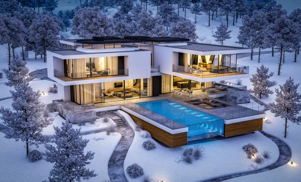 Rendering Von Modernen Gemütlichen Haus Fluss Mit Garage Kühle Winternacht — Stockfoto