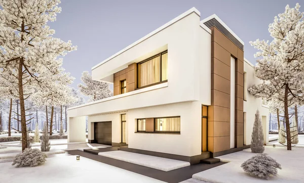 Рендеринг Современного Уютного Дома Гаражом Продажу Аренду Большим Количеством Снега — стоковое фото