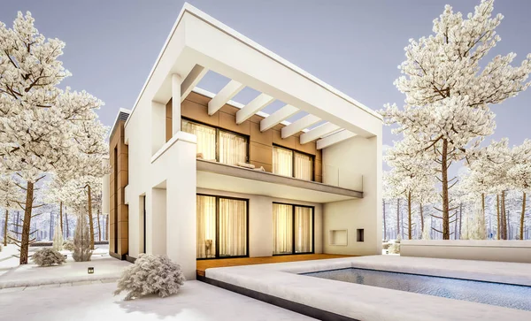 3d rendering of modern cozy house with garage for sale or rent with many snow on lawn. Cool winter evening with cozy warm light from windows.