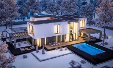 garaj ve bahçe ile modern rahat ev 3D render. Sıcak sıcak ışık--dan pencere eşiği ile serin kış gecesi. Satılık ve kiralık zemin üzerine güzel beyaz Ladin ile.