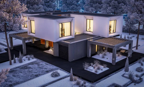 3d rendering of modern cozy house with garage and garden. Cool winter night with cozy warm light from windows. For sale or rent with beautiful white spruce on background.