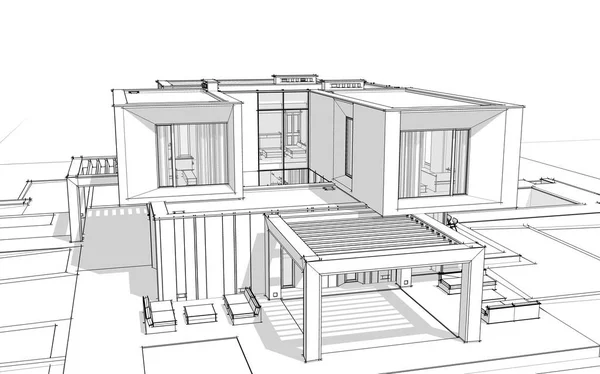 3d rendering sketch of modern cozy house by the river with garage for sale or rent. Black line sketch with soft light shadows on white background.
