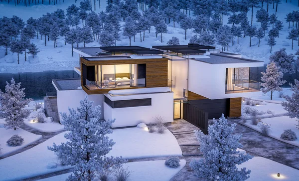 3d rendering of modern cozy house by the river with garage. Cool winter night with cozy warm light from windows. For sale or rent with beautiful mountains on background.