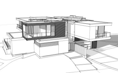 Satılık ve kiralık garaj ile nehrin yanında modern rahat ev 3D işleme sketch. Beyaz arka plan üzerinde yumuşak hafif gölgeler ile siyah çizgi kroki.