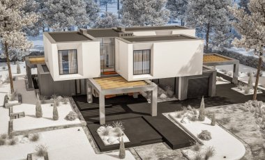 garaj ve bahçe ile modern rahat ev 3D render. Parlak beyaz kar ile serin kış günü. Satılık ve kiralık zemin üzerine güzel beyaz Ladin ile.