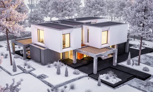 Weergave Van Moderne Gezellige Woning Met Garage Tuin Koele Winteravond — Stockfoto