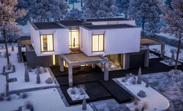 Renderingu 3D nowoczesny dom z ogrodem w zimową noc — Zdjęcie stockowe