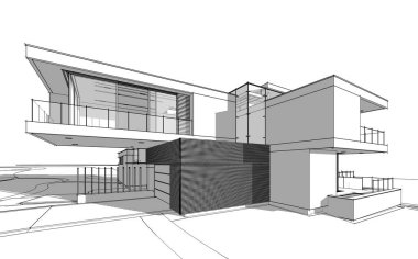 Satılık ve kiralık garaj ile nehrin yanında modern rahat ev 3D işleme sketch. Beyaz arka plan üzerinde yumuşak hafif gölgeler ile siyah çizgi kroki.