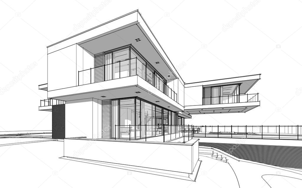 3d rendering sketch of modern cozy house by the river with garage for sale or rent. Black line sketch with soft light shadows on white background.