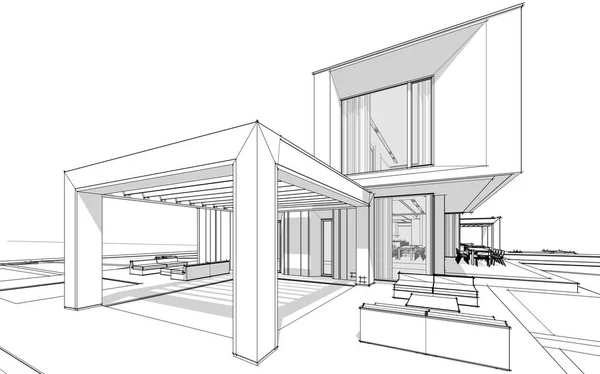 Redarea Schiței Casei Moderne Confortabile Lângă Râu Garaj Vânzare Sau — Fotografie, imagine de stoc