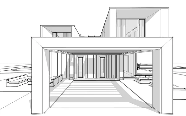 Rendering Skizze Von Modernen Gemütlichen Haus Fluss Mit Garage Zum — Stockfoto