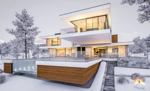 3d rendering of modern cozy house by the river with garage. Cool winter evening with cozy warm light from windows. For sale or rent with beautiful mountains on background.