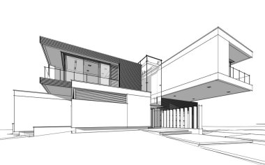 Satılık ve kiralık garaj ile nehrin yanında modern rahat ev 3D işleme sketch. Beyaz arka plan üzerinde yumuşak hafif gölgeler ile siyah çizgi kroki.