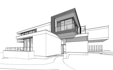 Satılık ve kiralık garaj ile nehrin yanında modern rahat ev 3D işleme sketch. Beyaz arka plan üzerinde yumuşak hafif gölgeler ile siyah çizgi kroki.