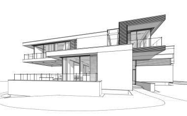 Satılık ve kiralık garaj ile nehrin yanında modern rahat ev 3D işleme sketch. Beyaz arka plan üzerinde yumuşak hafif gölgeler ile siyah çizgi kroki.