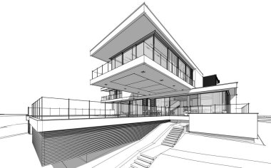 Satılık ve kiralık garaj ile nehrin yanında modern rahat ev 3D işleme sketch. Beyaz arka plan üzerinde yumuşak hafif gölgeler ile siyah çizgi kroki.