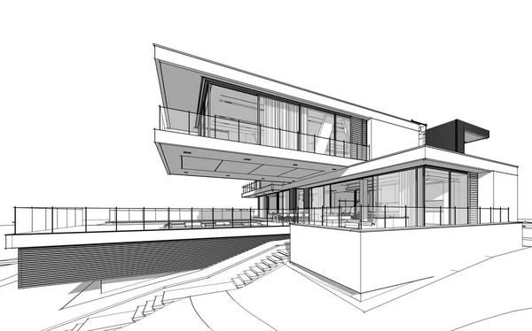 Rendering Sketch Modern Cozy House River Garage Sale Rent Black — Stock Photo, Image
