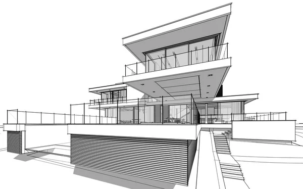 3d rendering sketch of modern cozy house by the river with garage for sale or rent. Black line sketch with soft light shadows on white background.