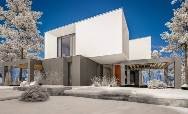 garaj ve bahçe ile modern rahat ev 3D render. Parlak beyaz kar ile serin kış günü. Satılık ve kiralık zemin üzerine güzel beyaz Ladin ile.