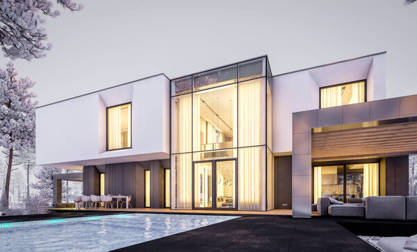 3D рендеринг современного уютного дома с гаражом и садом. Холодный зимний вечер с уютным теплым светом из окон. Продажа или аренда с красивой белой елкой на заднем плане
.