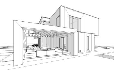 Satılık ve kiralık garaj ile nehrin yanında modern rahat ev 3D işleme sketch. Beyaz arka plan üzerinde yumuşak hafif gölgeler ile siyah çizgi kroki.