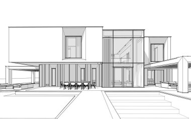 Satılık ve kiralık garaj ile nehrin yanında modern rahat ev 3D işleme sketch. Beyaz arka plan üzerinde yumuşak hafif gölgeler ile siyah çizgi kroki.