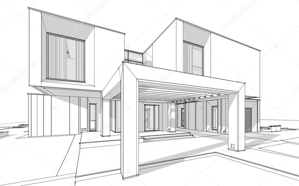 3d rendering sketch of modern cozy house by the river with garage for sale or rent. Black line sketch with soft light shadows on white background.