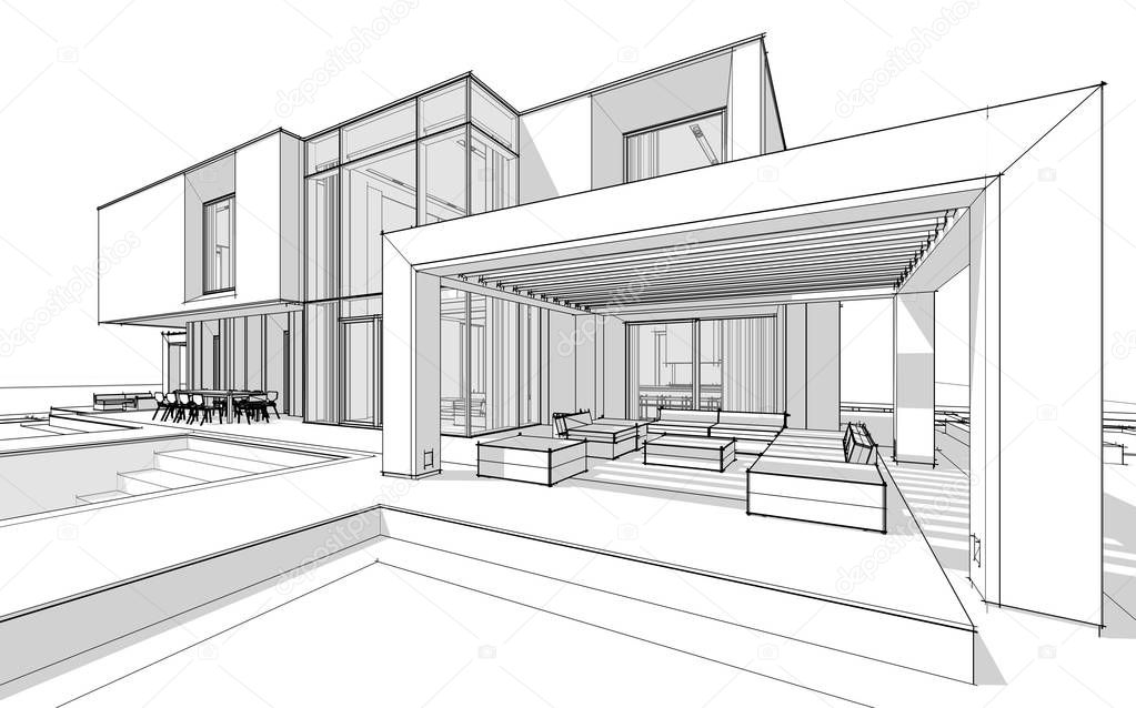 3d rendering sketch of modern cozy house by the river with garage for sale or rent. Black line sketch with soft light shadows on white background.