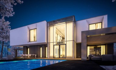 garaj ve bahçe ile modern rahat ev 3D render. Sıcak sıcak ışık--dan pencere eşiği ile serin kış gecesi. Satılık ve kiralık zemin üzerine güzel beyaz Ladin ile.