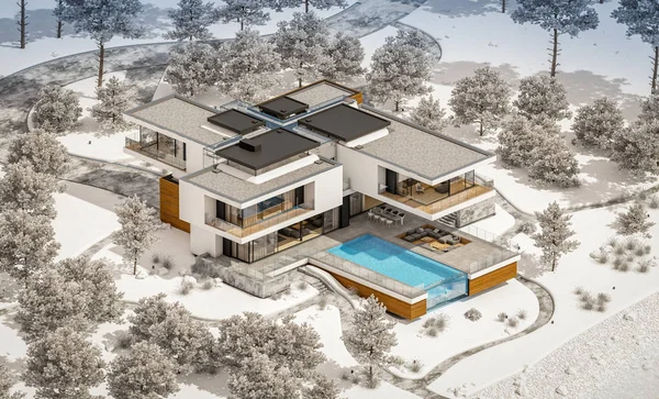 3d rendering of modern cozy house by the river with garage. Cool winter day with shiny white snow. For sale or rent with beautiful mountains on background.