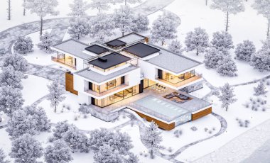 modern rahat ev garaj ile nehrin 3D render. Sıcak sıcak ışık--dan pencere eşiği ile kış akşam ne yapıyorsun? Satılık ve kiralık zemin üzerine güzel dağları ile.