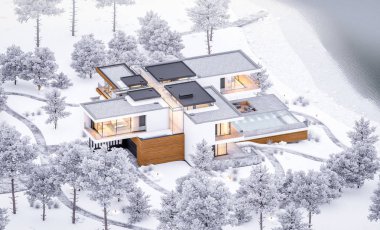 modern rahat ev garaj ile nehrin 3D render. Sıcak sıcak ışık--dan pencere eşiği ile kış akşam ne yapıyorsun? Satılık ve kiralık zemin üzerine güzel dağları ile.