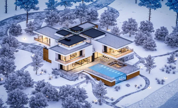 3d rendering of modern cozy house by the river with garage. Cool winter night with cozy warm light from windows. For sale or rent with beautiful mountains on background.