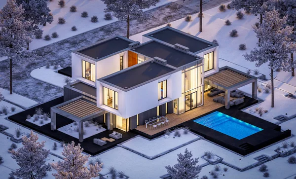 Weergave Van Moderne Gezellige Woning Met Garage Tuin Koele Winter — Stockfoto