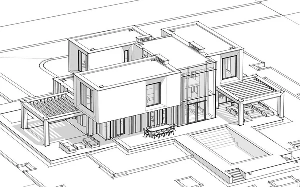 Representación Boceto Casa Acogedora Moderna Junto Río Con Garaje Venta —  Fotos de Stock