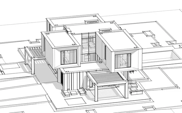 Rendering Skiss Moderna Mysiga Hus Vid Floden Med Garage Till — Stockfoto