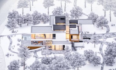 modern rahat ev garaj ile nehrin 3D render. Sıcak sıcak ışık--dan pencere eşiği ile kış akşam ne yapıyorsun? Satılık ve kiralık zemin üzerine güzel dağları ile.