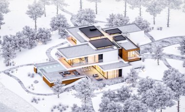 modern rahat ev garaj ile nehrin 3D render. Sıcak sıcak ışık--dan pencere eşiği ile kış akşam ne yapıyorsun? Satılık ve kiralık zemin üzerine güzel dağları ile.