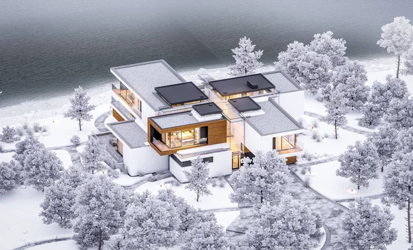 3d rendering of modern cozy house by the river with garage. Cool winter evening with cozy warm light from windows. For sale or rent with beautiful mountains on background.
