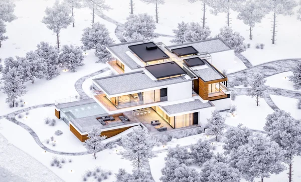 3d rendering of modern cozy house by the river with garage. Cool winter evening with cozy warm light from windows. For sale or rent with beautiful mountains on background.