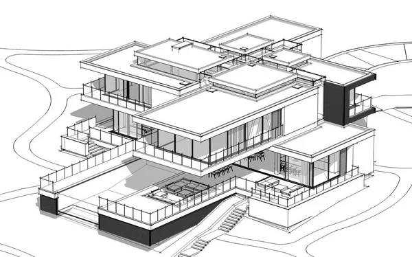 Representación Boceto Casa Acogedora Moderna Junto Río Con Garaje Venta —  Fotos de Stock