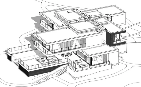 Representación Boceto Casa Acogedora Moderna Junto Río Con Garaje Venta — Foto de Stock