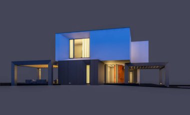 Satılık ve kiralık garaj ile nehrin yanında modern rahat ev 3D render. Penceresinden yumuşak ışık ile akşam ne yapıyorsun? Gri izole.