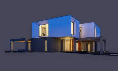 Satılık ve kiralık garaj ile nehrin yanında modern rahat ev 3D render. Penceresinden yumuşak ışık ile akşam ne yapıyorsun? Gri izole.