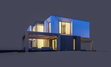 Satılık ve kiralık garaj ile nehrin yanında modern rahat ev 3D render. Penceresinden yumuşak ışık ile akşam ne yapıyorsun? Gri izole.