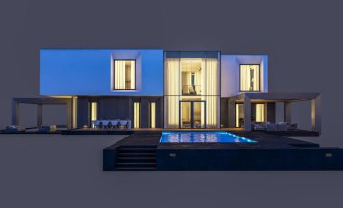 Satılık ve kiralık garaj ile nehrin yanında modern rahat ev 3D render. Penceresinden yumuşak ışık ile akşam ne yapıyorsun? Gri izole.