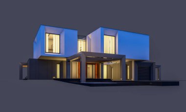 Satılık ve kiralık garaj ile nehrin yanında modern rahat ev 3D render. Penceresinden yumuşak ışık ile akşam ne yapıyorsun? Gri izole.