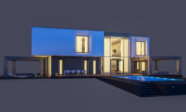 Satılık ve kiralık garaj ile nehrin yanında modern rahat ev 3D render. Penceresinden yumuşak ışık ile akşam ne yapıyorsun? Gri izole.