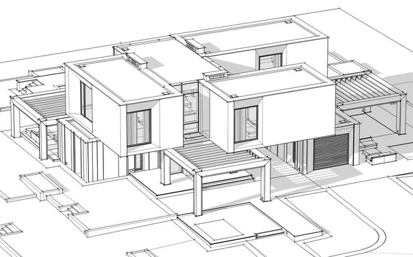 Weergave Schets Van Modern Gezellig Huis Aan Rivier Met Garage — Stockfoto