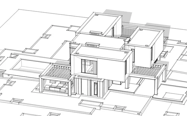 Rendering Σκίτσο Του Μοντέρνο Άνετο Σπίτι Δίπλα Στο Ποτάμι Γκαράζ — Φωτογραφία Αρχείου